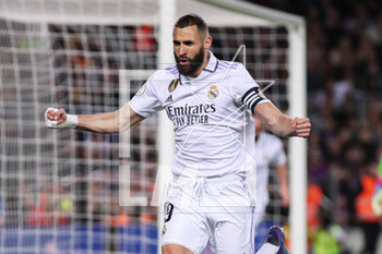 2023-04-05 - Karim Benzema of Real Madrid celebrates a goal during the Spanish Cup, Copa del Rey, Semi Finals 2nd leg football match between FC Barcelona and Real Madrid on April 5, 2023 at Spotify Camp Nou stadium in Barcelona, Spain - FOOTBALL - SPANISH CUP - FC BARCELONA V REAL MADRID - SPANISH CUP - SOCCER