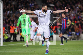 2023-04-05 - Karim Benzema of Real Madrid celebrates a goal during the Spanish Cup, Copa del Rey, Semi Finals 2nd leg football match between FC Barcelona and Real Madrid on April 5, 2023 at Spotify Camp Nou stadium in Barcelona, Spain - FOOTBALL - SPANISH CUP - FC BARCELONA V REAL MADRID - SPANISH CUP - SOCCER
