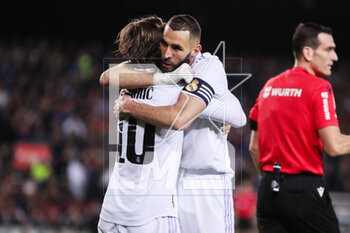 2023-04-05 - Karim Benzema of Real Madrid celebrates a goal with Luka Modric during the Spanish Cup, Copa del Rey, Semi Finals 2nd leg football match between FC Barcelona and Real Madrid on April 5, 2023 at Spotify Camp Nou stadium in Barcelona, Spain - FOOTBALL - SPANISH CUP - FC BARCELONA V REAL MADRID - SPANISH CUP - SOCCER