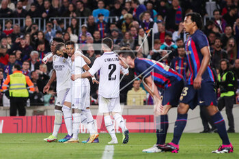 2023-04-05 - Vinicius Junior of Real Madrid celebrates a goal 0-1 during the Spanish Cup, Copa del Rey, Semi Finals 2nd leg football match between FC Barcelona and Real Madrid on April 5, 2023 at Spotify Camp Nou stadium in Barcelona, Spain - FOOTBALL - SPANISH CUP - FC BARCELONA V REAL MADRID - SPANISH CUP - SOCCER