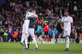 2023-04-05 - Luka Modric and Karim Benzema of Real Madrid celebrate the victory after the Spanish Cup, Copa del Rey, Semi Finals 2nd leg football match between FC Barcelona and Real Madrid on April 5, 2023 at Spotify Camp Nou stadium in Barcelona, Spain - FOOTBALL - SPANISH CUP - FC BARCELONA V REAL MADRID - SPANISH CUP - SOCCER