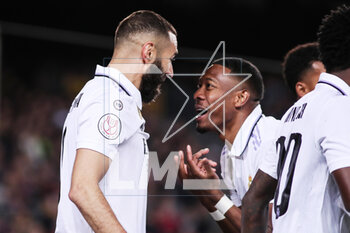 2023-04-05 - Karim Benzema of Real Madrid celebrates a goal with David Alaba during the Spanish Cup, Copa del Rey, Semi Finals 2nd leg football match between FC Barcelona and Real Madrid on April 5, 2023 at Spotify Camp Nou stadium in Barcelona, Spain - FOOTBALL - SPANISH CUP - FC BARCELONA V REAL MADRID - SPANISH CUP - SOCCER