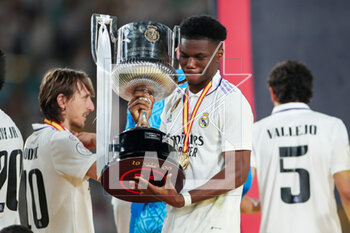 2023-05-07 - Aurelien Tchouameni of Real Madrid celebrates with the Trophy after the Spanish Cup, Copa del Rey, Final football match between Real Madrid CF and CA Osasuna on May 6, 2023 at Estadio de La Cartuja in Sevilla, Spain - FOOTBALL - SPANISH CUP - FINAL - REAL MADRID V OSASUNA - SPANISH CUP - SOCCER