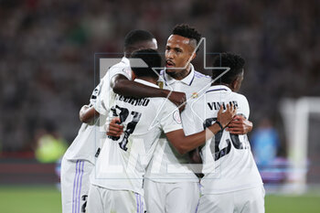 2023-05-06 - Rodrygo Goes of Real Madrid celebrates a goal with teammates during the Spanish Cup, Copa del Rey, Final football match between Real Madrid CF and CA Osasuna on May 6, 2023 at Estadio de La Cartuja in Sevilla, Spain - FOOTBALL - SPANISH CUP - FINAL - REAL MADRID V OSASUNA - SPANISH CUP - SOCCER