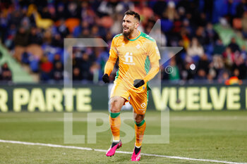 2023-01-28 - Borja Iglesias of Real Betis celebrates a goal 0-1 during the Spanish championship La Liga football match between Getafe CF and Real Betis Balompie on January 28, 2023 at Coliseum Alfonso Perez in Getafe, Madrid, Spain - FOOTBALL - SPANISH CHAMP - GETAFE V REAL BETIS - SPANISH LA LIGA - SOCCER