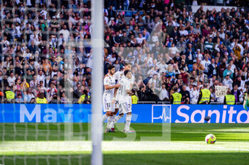 2023-03-11 - Marco Asensio (Real Madrid), Alvaro Rodríguez (Real Madrid) and Rodrygo (Real Madrid) celebrate a goal during the football match between
Real Madrid and Espanyol
valid for the match day 25 of the Spanish first division league “La Liga” celebrated in Madrid, Spain at Bernabeu stadium on Saturday 11 March 2023 - REAL MADRID VS ESPANYOL - SPANISH LA LIGA - SOCCER