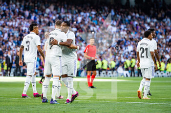 2023-04-02 - Karim Benzema (Real Madrid) and David Alaba (Real Madrid) celebrate his goal and hat trick during the football match between
Real Madrid and Valladolid
valid for the match day 27 of the Spanish first division league “La Liga” celebrated in Madrid, Spain at Bernabeu stadium on Sunday 02 April 2023 - REAL MADRID VS VALLADOLID - SPANISH LA LIGA - SOCCER