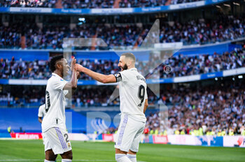 2023-04-02 - Karim Benzema (Real Madrid) celebrate his goal and hat trick with Vinícius Júnior (Real Madrid) during the football match between
Real Madrid and Valladolid
valid for the match day 27 of the Spanish first division league “La Liga” celebrated in Madrid, Spain at Bernabeu stadium on Sunday 02 April 2023 - REAL MADRID VS VALLADOLID - SPANISH LA LIGA - SOCCER