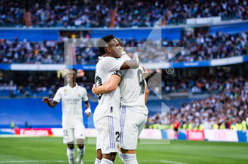 2023-04-02 - Karim Benzema (Real Madrid) celebrate his goal and hat trick with Vinícius Júnior (Real Madrid) during the football match between
Real Madrid and Valladolid
valid for the match day 27 of the Spanish first division league “La Liga” celebrated in Madrid, Spain at Bernabeu stadium on Sunday 02 April 2023 - REAL MADRID VS VALLADOLID - SPANISH LA LIGA - SOCCER