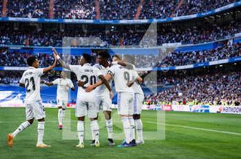 2023-04-02 - Karim Benzema (Real Madrid) celebrate his goal and hat trick with Vinícius Júnior (Real Madrid), Rodrygo (Real Madrid), David Alaba (Real Madrid), Eduardo Camavinga (Real Madrid) during the football match between
Real Madrid and Valladolid
valid for the match day 27 of the Spanish first division league “La Liga” celebrated in Madrid, Spain at Bernabeu stadium on Sunday 02 April 2023 - REAL MADRID VS VALLADOLID - SPANISH LA LIGA - SOCCER