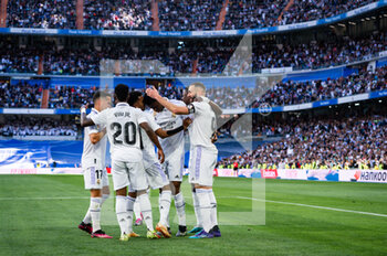 2023-04-02 - Karim Benzema (Real Madrid) celebrate his goal and hat trick with Vinícius Júnior (Real Madrid), Rodrygo (Real Madrid), David Alaba (Real Madrid), Eduardo Camavinga (Real Madrid) during the football match between
Real Madrid and Valladolid
valid for the match day 27 of the Spanish first division league “La Liga” celebrated in Madrid, Spain at Bernabeu stadium on Sunday 02 April 2023 - REAL MADRID VS VALLADOLID - SPANISH LA LIGA - SOCCER