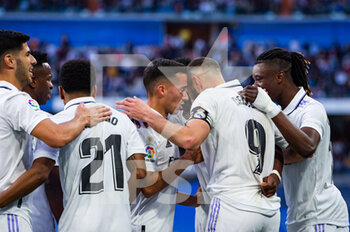 2023-04-02 - Karim Benzema (Real Madrid) celebrate his goal and hat trick with Lucas Vasquez (Real Madrid), Vinícius Júnior (Real Madrid), Rodrygo (Real Madrid), Marco Asensio (Real Madrid), Eduardo Camavinga (Real Madrid) during the football match between
Real Madrid and Valladolid
valid for the match day 27 of the Spanish first division league “La Liga” celebrated in Madrid, Spain at Bernabeu stadium on Sunday 02 April 2023 - REAL MADRID VS VALLADOLID - SPANISH LA LIGA - SOCCER