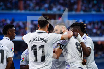 2023-04-02 - Karim Benzema (Real Madrid) celebrate his goal and hat trick with Lucas Vasquez (Real Madrid), Vinícius Júnior (Real Madrid), Rodrygo (Real Madrid), Marco Asensio (Real Madrid), Eduardo Camavinga (Real Madrid) during the football match between
Real Madrid and Valladolid
valid for the match day 27 of the Spanish first division league “La Liga” celebrated in Madrid, Spain at Bernabeu stadium on Sunday 02 April 2023 - REAL MADRID VS VALLADOLID - SPANISH LA LIGA - SOCCER