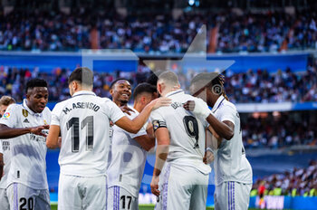 2023-04-02 - Karim Benzema (Real Madrid) celebrate his goal and hat trick with Lucas Vasquez (Real Madrid), Vinícius Júnior (Real Madrid), David Alaba (Real Madrid), Marco Asensio (Real Madrid), Eduardo Camavinga (Real Madrid) during the football match between
Real Madrid and Valladolid
valid for the match day 27 of the Spanish first division league “La Liga” celebrated in Madrid, Spain at Bernabeu stadium on Sunday 02 April 2023 - REAL MADRID VS VALLADOLID - SPANISH LA LIGA - SOCCER