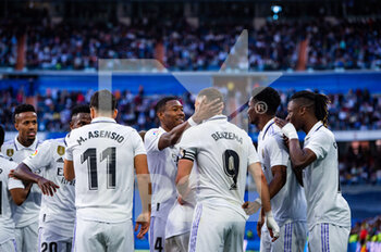 2023-04-02 - Karim Benzema (Real Madrid) celebrate his goal and hat trick with Lucas Vasquez (Real Madrid), Vinícius Júnior (Real Madrid), David Alaba (Real Madrid), Marco Asensio (Real Madrid), Eduardo Camavinga (Real Madrid) during the football match between
Real Madrid and Valladolid
valid for the match day 27 of the Spanish first division league “La Liga” celebrated in Madrid, Spain at Bernabeu stadium on Sunday 02 April 2023 - REAL MADRID VS VALLADOLID - SPANISH LA LIGA - SOCCER