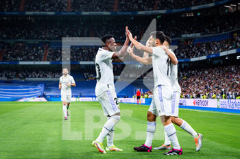 2023-04-08 - Marco Asensio (Real Madrid), Dani Ceballos (Real Madrid), Vinícius Júnior (Real Madrid) celebrate a goal during the football match between
Real Madrid and Villareal
valid for the match day 28 of the Spanish first division league “La Liga” celebrated in Madrid, Spain at Bernabeu stadium on Saturday 08 April 2023 - REAL MADRID VS VILLAREAL - SPANISH LA LIGA - SOCCER