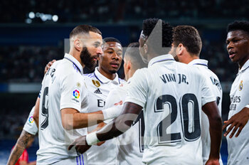 2023-04-08 - Aurélien Tchouaméni (Real Madrid), David Alaba (Real Madrid), Vinícius Júnior (Real Madrid), Nacho (Real Madrid), Karim Benzema (Real Madrid) celebrate a goal during the football match between
Real Madrid and Villareal
valid for the match day 28 of the Spanish first division league “La Liga” celebrated in Madrid, Spain at Bernabeu stadium on Saturday 08 April 2023 - REAL MADRID VS VILLAREAL - SPANISH LA LIGA - SOCCER