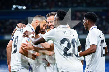 2023-04-08 - Vinícius Júnior (Real Madrid), Nacho (Real Madrid), Karim Benzema (Real Madrid) celebrate a goal during the football match between
Real Madrid and Villareal
valid for the match day 28 of the Spanish first division league “La Liga” celebrated in Madrid, Spain at Bernabeu stadium on Saturday 08 April 2023 - REAL MADRID VS VILLAREAL - SPANISH LA LIGA - SOCCER