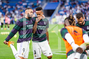 2023-04-22 - Karim Benzema (Real Madrid) and Éder Militão (Real Madrid) during the warm up before the football match between
Real Madrid and Celta Vigo
valid for the match day 30 of the Spanish first division league “La Liga” celebrated in Madrid, Spain at Bernabeu stadium on Saturday 22 April 2023 - REAL MADRID VS CELTA VIGO - SPANISH LA LIGA - SOCCER