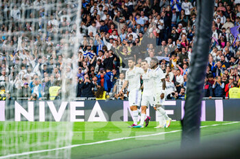 2023-04-22 - Marco Asensio (Real Madrid), Dani Ceballos (Real Madrid) and Vinícius Júnior (Real Madrid) celebrate a goal during the football match between
Real Madrid and Celta Vigo
valid for the match day 30 of the Spanish first division league “La Liga” celebrated in Madrid, Spain at Bernabeu stadium on Saturday 22 April 2023 - REAL MADRID VS CELTA VIGO - SPANISH LA LIGA - SOCCER