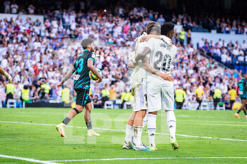 2023-04-29 - Karim Benzema (Real Madrid) and Dani Ceballos (Real Madrid) and Vinícius Júnior (Real Madrid) celebrate a goal during the football match between
Real Madrid and Almeria
valid for the match day 32 of the Spanish first division league “La Liga” celebrated in Madrid, Spain at Bernabeu stadium on Saturday 29 April 2023 - REAL MADRID VS ALMERIA - SPANISH LA LIGA - SOCCER