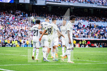 2023-04-29 - Karim Benzema (Real Madrid), Dani Ceballos (Real Madrid), Éder Militão (Real Madrid), Rodrygo (Real Madrid), Vinícius Júnior (Real Madrid) celebrate a goal during the football match between
Real Madrid and Almeria
valid for the match day 32 of the Spanish first division league “La Liga” celebrated in Madrid, Spain at Bernabeu stadium on Saturday 29 April 2023 - REAL MADRID VS ALMERIA - SPANISH LA LIGA - SOCCER