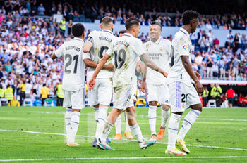 2023-04-29 - Karim Benzema (Real Madrid), Dani Ceballos (Real Madrid), Éder Militão (Real Madrid), Rodrygo (Real Madrid), Vinícius Júnior (Real Madrid) celebrate a goal during the football match between
Real Madrid and Almeria
valid for the match day 32 of the Spanish first division league “La Liga” celebrated in Madrid, Spain at Bernabeu stadium on Saturday 29 April 2023 - REAL MADRID VS ALMERIA - SPANISH LA LIGA - SOCCER