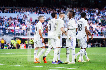 2023-04-29 - Karim Benzema (Real Madrid), Dani Ceballos (Real Madrid), Éder Militão (Real Madrid), Rodrygo (Real Madrid), Eduardo Camavinga (Real Madrid) celebrate a goal during the football match between
Real Madrid and Almeria
valid for the match day 32 of the Spanish first division league “La Liga” celebrated in Madrid, Spain at Bernabeu stadium on Saturday 29 April 2023 - REAL MADRID VS ALMERIA - SPANISH LA LIGA - SOCCER