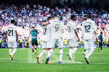 2023-04-29 - Karim Benzema (Real Madrid), Lucas Vázquez (Real Madrid) celebrate a goal during the football match between
Real Madrid and Almeria
valid for the match day 32 of the Spanish first division league “La Liga” celebrated in Madrid, Spain at Bernabeu stadium on Saturday 29 April 2023 - REAL MADRID VS ALMERIA - SPANISH LA LIGA - SOCCER