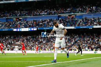 2023-05-24 - Karim Benzema of Real Madrid celebrates a goal during the Spanish championship La Liga football match between Real Madrid and Rayo Vallecano on May 24, 2023 at Santiago Bernabeu stadium in Madrid, Spain - FOOTBALL - SPANISH CHAMP - REAL MADRID V RAYO VALLECANO - SPANISH LA LIGA - SOCCER