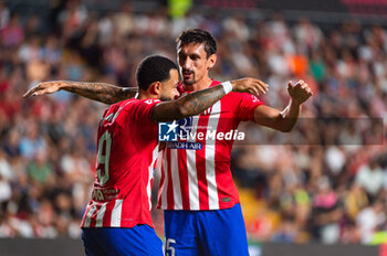 2023-08-28 - Memphis Depay (Atletico Madrid) celebrate his goal with his teammate Stefan Savic (Atletico Madrid) during the LaLiga EA Sports football match between Rayo Vallecano vs Atletico Madrid played at Estadio de Vallecas on August 28, 2023 in Madrid, Spain - RAYO VALLECANO VS ATLETICO MADRID - SPANISH LA LIGA - SOCCER