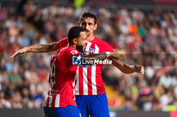 2023-08-28 - Memphis Depay (Atletico Madrid) celebrate his goal with his teammate Stefan Savic (Atletico Madrid) during the LaLiga EA Sports football match between Rayo Vallecano vs Atletico Madrid played at Estadio de Vallecas on August 28, 2023 in Madrid, Spain - RAYO VALLECANO VS ATLETICO MADRID - SPANISH LA LIGA - SOCCER