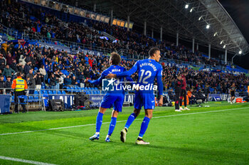 2023-11-06 - Luis Milla (Getafe) (R) and Mason Greenwood (Getafe) (L) celebrate the goal that gives victory to their team during the football match of Spanish championship La Liga EA Sports between Getafe vs Cadiz played at Coliseum stadium on November 06, 2023 in Getafe, Spain - GETAFE VS CADIZ - SPANISH LA LIGA - SOCCER