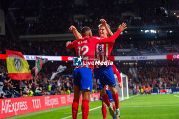 2023-11-12 - Samuel Lino seen celebrating his goal with Pablo Barrios and Antoine Griezmann of Atletico Madrid during the La Liga EA Sports 2022/23 football match between Atletico Madrid vs Villareal at Metropolitano stadium in Madrid, Spain. - ATLETICO MADRID VS VILLAREAL - SPANISH LA LIGA - SOCCER