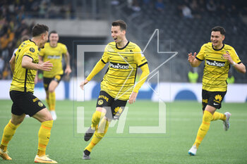 2023-04-30 - April 30th, 2023, Bern, Wankdorf Stadium, Super League: BSC Young Boys - FC Luzern, #7 Filip Ugrinic (Young Boys) and #32 Fabian Rieder (Young Boys) cheer with #30 Sandro Lauper (Young Boys) about his goal 3:1 - SUPER LEAGUE: BSC YOUNG BOYS - FC LUZERN - SWISS SUPER LEAGUE - SOCCER