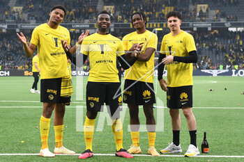 2023-04-30 - April 30, 2023, Bern, Wankdorf Stadium, Super League: BSC Young Boys - FC Luzern, fltr #4 Aurele Amenda (Young Boys), #18 Jean-Pierre Nsame (Young Boys), #77 Joel Monteiro (Young Boys) and # 61 goalkeepers Leandro Zbinden (Young Boys) celebrate their 16th championship title. - SUPER LEAGUE: BSC YOUNG BOYS - FC LUZERN - SWISS SUPER LEAGUE - SOCCER