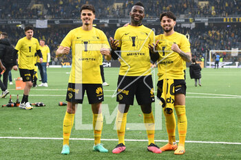 2023-04-30 - April 30, 2023, Bern, Wankdorf Stadium, Super League: BSC Young Boys - FC Luzern, fltr #22 Donat Rrudhani (Young Boys), #18 Jean-Pierre Nsame (Young Boys) and #29 Kastriot Imeri (Young Boys) celebrate the 16th championship title. - SUPER LEAGUE: BSC YOUNG BOYS - FC LUZERN - SWISS SUPER LEAGUE - SOCCER