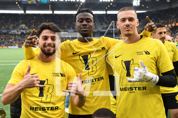 2023-04-30 - April 30, 2023, Bern, Wankdorf Stadium, Super League: BSC Young Boys - FC Luzern, #29 Kastriot Imeri (Young Boys), #20 Cheikh Niasse (Young Boys) and #1 goalkeeper Anthony Racioppi (Young Boys) celebrate the 16th championship title. - SUPER LEAGUE: BSC YOUNG BOYS - FC LUZERN - SWISS SUPER LEAGUE - SOCCER
