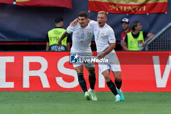 2023-06-15 - Davide Frattesi of Italy celebrates with team-mates after scoring the goal but the goal is disallowed - SEMIFINAL - SPAIN VS ITALY - UEFA NATIONS LEAGUE - SOCCER
