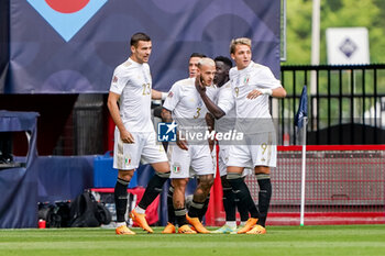 2023-06-18 - Federico Dimarco of Italy celebrates after scoring his sides first goal with Alessandro Buongiorno of Italy and Mateo Retegui of Italy during the UEFA Nations League 2023, Third-place match between Netherlands and Italy on June 18, 2023 at De Grolsch Veste, FC Twente stadium in Enschede, Netherlands - FOOTBALL - UEFA NATIONS LEAGUE 2023 - 3RD PLACE - NETHERLANDS V ITALY - UEFA NATIONS LEAGUE - SOCCER