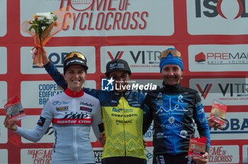2023-10-28 - 1st Sara Casasola (ITA), 2nd place Rebecca Gariboldi (ITA), and 3th place Eva Lechner (ITA) | this is the podium of the Brugherio CX International on 28 October 2023, Brugherio, Italy - INTERNATIONAL CICLOCROSS INCREA - CYCLOCROSS - CYCLING