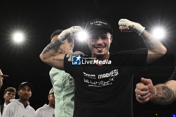 2023-10-27 - Michael Magnesi celebrates the victory during the World Silver WBC Super Feather, 27 October 2023 at Federbocce, Rome, Italy. - WORLD SILVER WBC SUPER FEATHER - MICHAEL LONEWOLF MAGNESI VS NIKE THERAN - BOXING - CONTACT