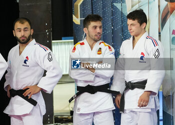2023-11-03 - Luka Mkheidze of France Gold medal, Francisco Garrigos of Spain Bronze medal and Romain Valadier-Picard of France Bronze medal, Men's -60 KG during the European Judo Championships Individuals 2023 on November 3, 2023 at Sud de France Arena in Montpellier, France - JUDO - EUROPEAN CHAMPIONSHIPS 2023 - JUDO - CONTACT