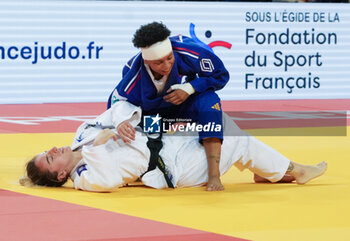 2023-11-03 - Amandine Buchard of France and Distria Krasniqi of Kosovo, Final Women's -52 KG during the European Judo Championships Individuals 2023 on November 3, 2023 at Sud de France Arena in Montpellier, France - JUDO - EUROPEAN CHAMPIONSHIPS 2023 - JUDO - CONTACT