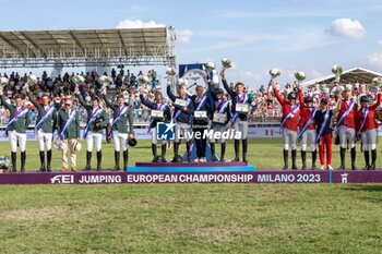 2023-09-01 - Teams Final Podium: Ireland, Sweden and Austria at the FEI European Jumping Championship 2023, Equestrian event on August 30, 2023 at hippodrome Snai San Siro in Milan, Italy - 2023 JUMPING EUROPEAN CHAMPIONSHIP - INTERNATIONALS - EQUESTRIAN