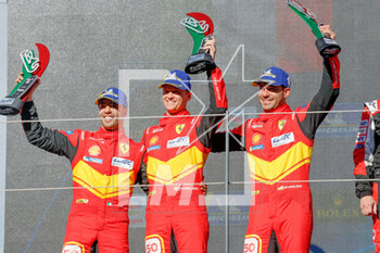 2023-04-16 - 50 FUOCO Antonio (ita), MOLINA Miguel (spa), NIELSEN Nicklas (dnk), Ferrari AF Corse, Ferrari 499P, podium, during the 6 Hours of Portimao 2023, 2nd round of the 2023 FIA World Endurance Championship, from April 14 to 16, 2023 on the Algarve International Circuit in Portimao, Portugal - AUTO - FIA WEC - 6 HOURS OF PORTIMAO 2023 - ENDURANCE - MOTORS