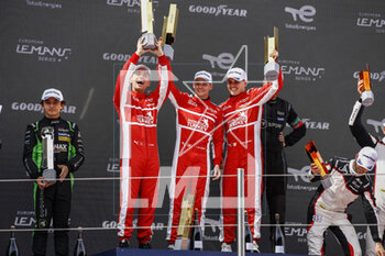 2023-04-23 - 34 YOLUC Salih (tur), EASTWOOD Charlie (irl), DELETRAZ Louis (che), Racing Team Turkey, Oreca Gibson 07 - Gibson, portrait podium during the 4 Hours of Barcelona 2023, 1st round of the 2023 European Le Mans Series on the Circuit de Barcelona-Catalunya from April 21 to 23, 2023 in Montmelo, Spain - AUTO - ELMS - 4 HOURS OF BARCELONA 2023 - ENDURANCE - MOTORS