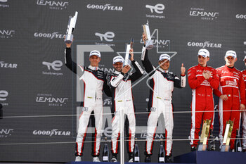 2023-04-23 - 83 PERRODO François (fra), VAXIVIERE Matthieu (fra), BARNICOAT Ben (gbr), AF Corse, Oreca Gibson 07 - Gibson, portrait podium during the 4 Hours of Barcelona 2023, 1st round of the 2023 European Le Mans Series on the Circuit de Barcelona-Catalunya from April 21 to 23, 2023 in Montmelo, Spain - AUTO - ELMS - 4 HOURS OF BARCELONA 2023 - ENDURANCE - MOTORS