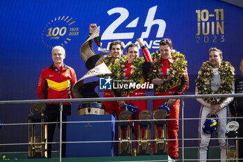 2023-06-11 - 51 PIER GUIDI Alessandro (ita), CALADO James (gbr), GIOVINAZZI Antonio (ita), Ferrari AF Corse, Ferrari 499P, win celebration during the podium of the 24 Hours of Le Mans 2023 on the Circuit des 24 Heures du Mans on June 11, 2023 in Le Mans, France - AUTO - LE MANS 2023 - PODIUM - ENDURANCE - MOTORS