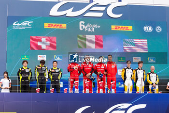 2023-09-10 - 33 KEATING Ben (usa), VARRONE Nicolas (arg), CATSBURG Nicky (old), Corvette Racing, Chevrolet Corvette C8.R, 57 KIMURA Takeshi (jpn), HUFFAKER Scott (usa), MIYATA Ritomo (jpn), Kessel Racing, Ferrari 488 GTE Evo, 54 FLOHR Thomas (swi), CASTELLACCI Francesco (ita), RIGON Davide (ita), AF Corse, Ferrari 488 GTE Evo, podium during the 6 Hours of Fuji 2023, 6th round of the 2023 FIA World Endurance Championship, from September 7 to 10, 2023 on the Fuji Speedway, in Oyama, Japan - AUTO - FIA WEC - 6 HOURS OF FUJI 2023 - ENDURANCE - MOTORS